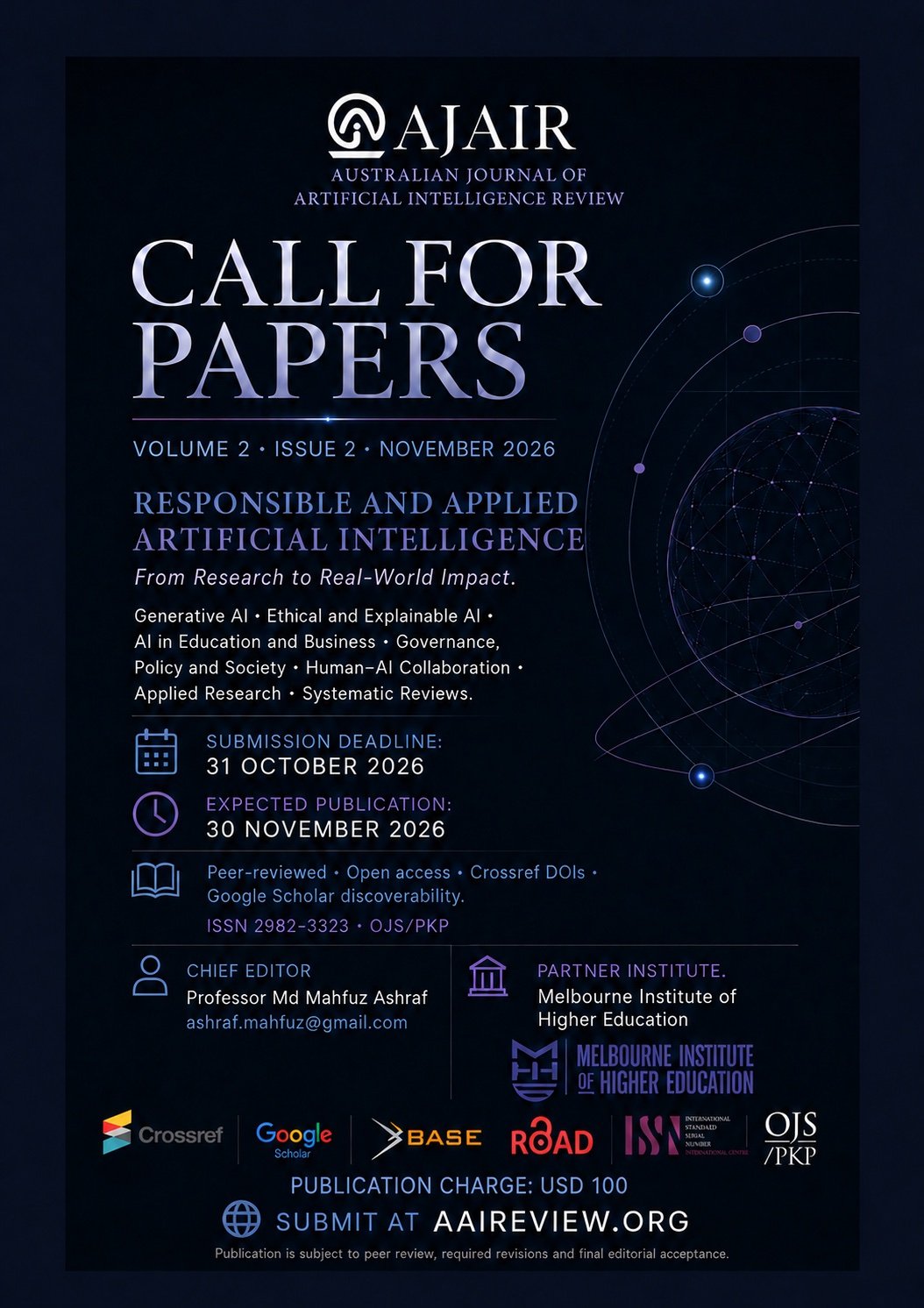 Call for papers for the Australian Journal of Artificial Intelligence Review, Volume 2 Issue 2, November 2026. Submit by 31 October 2026. Publication charge: USD 100. Chief Editor: Professor Md Mahfuz Ashraf, ashraf.mahfuz@gmail.com.